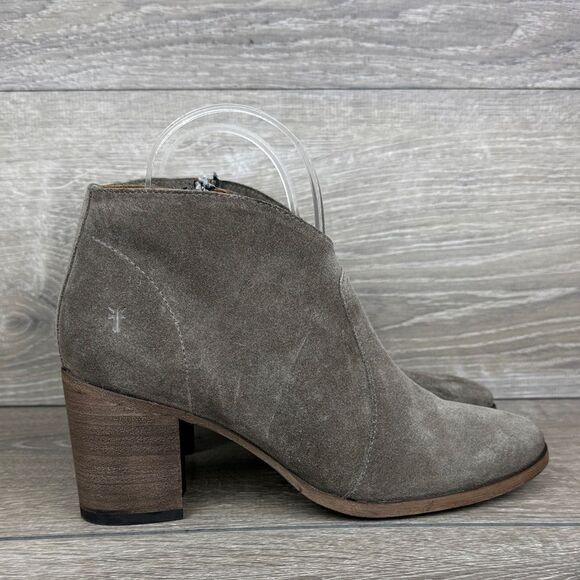 Frye Nora Women's Sz 7.5B Gray Elephant Suede Zip Heeled Ankle Boots 3479930-EPT - Picture 1 of 14